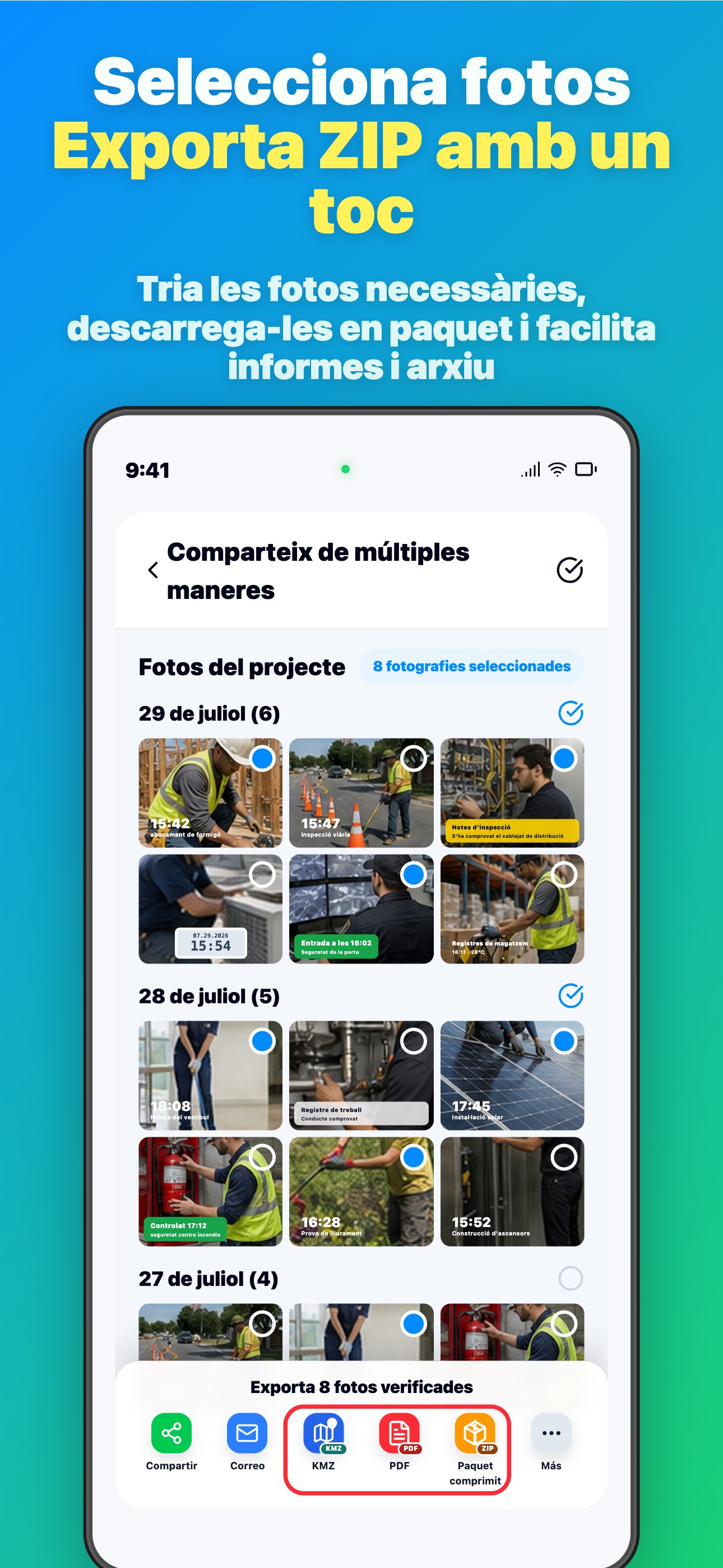 Selecciona fotos Exporta ZIP amb un toc