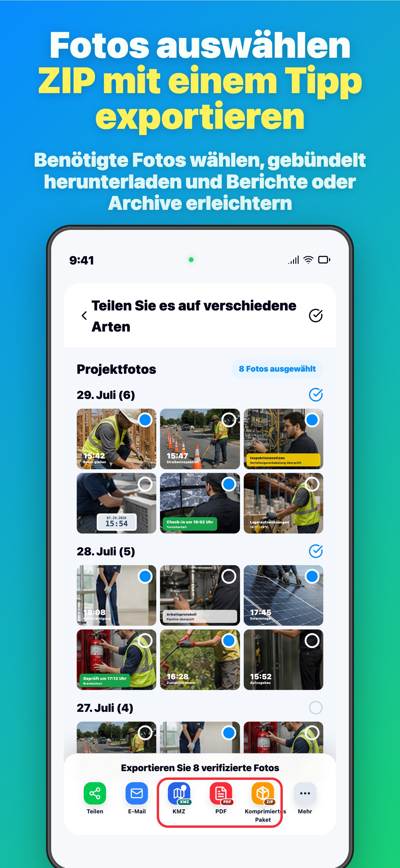 Fotos auswählen ZIP mit einem Tipp exportieren