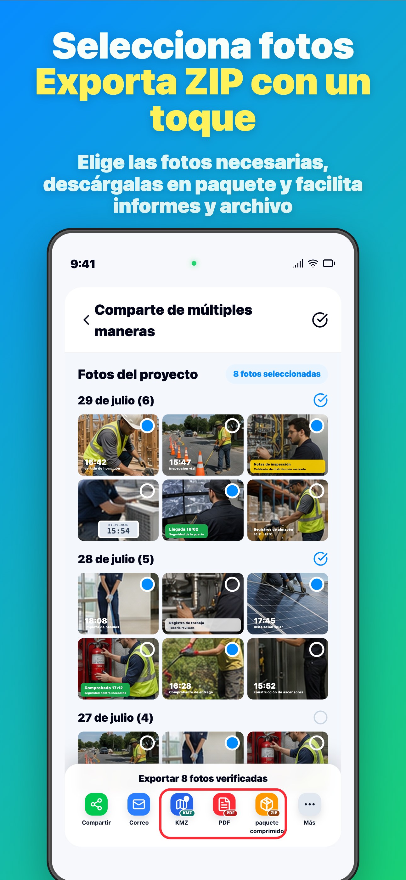 Selecciona fotos Exporta ZIP con un toque