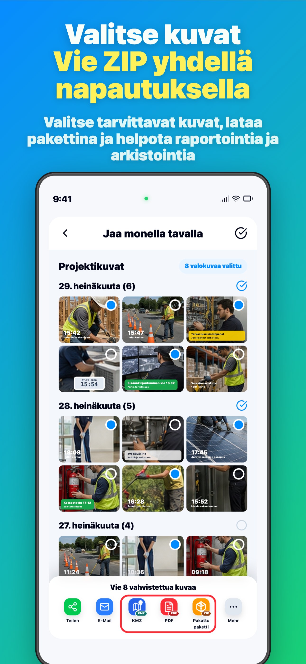 Valitse kuvat Vie ZIP yhdellä napautuksella