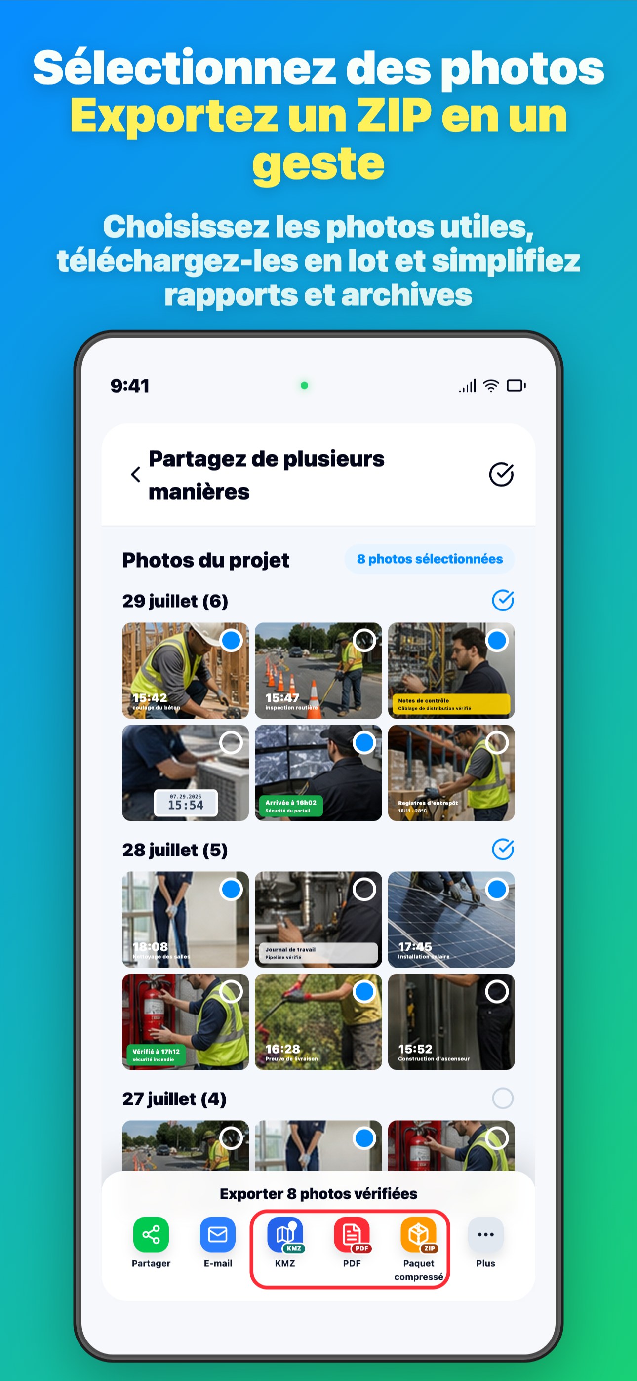 Sélectionnez des photos Exportez un ZIP en un geste