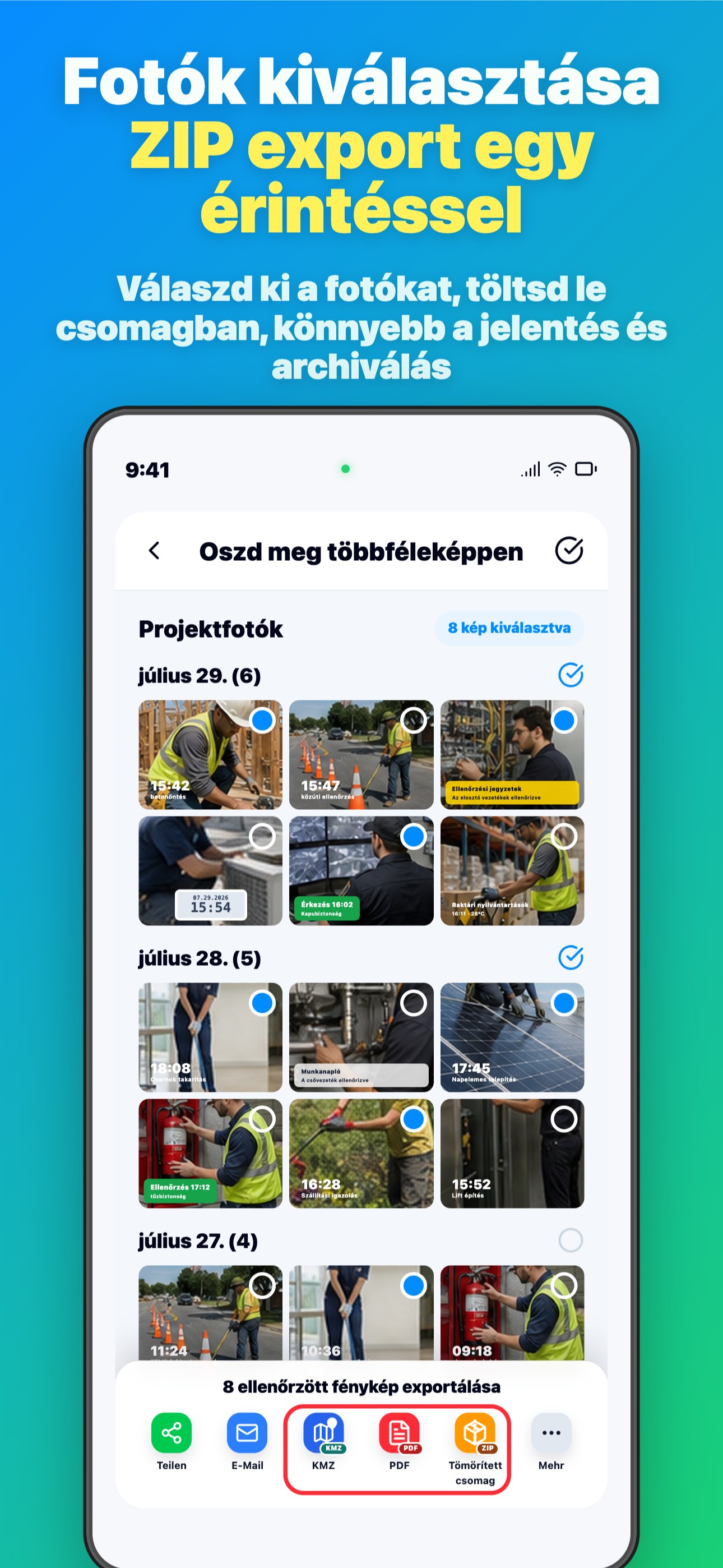 Fotók kiválasztása ZIP export egy érintéssel