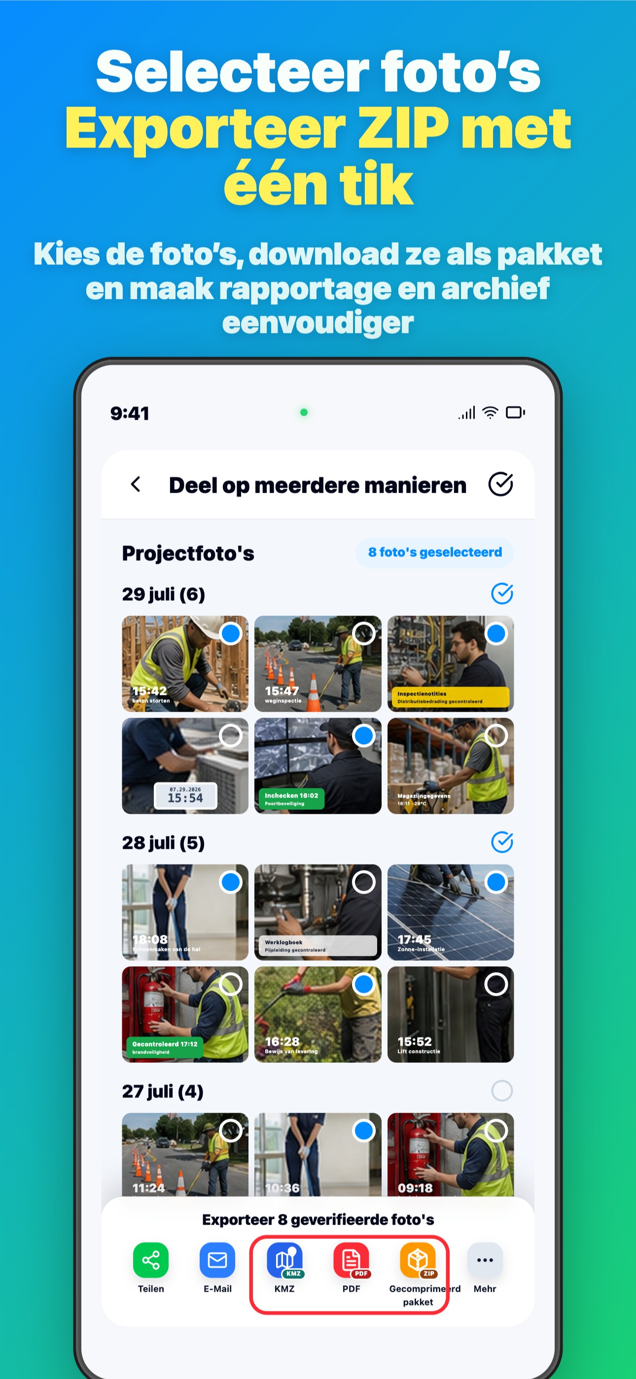 Selecteer foto’s Exporteer ZIP met één tik