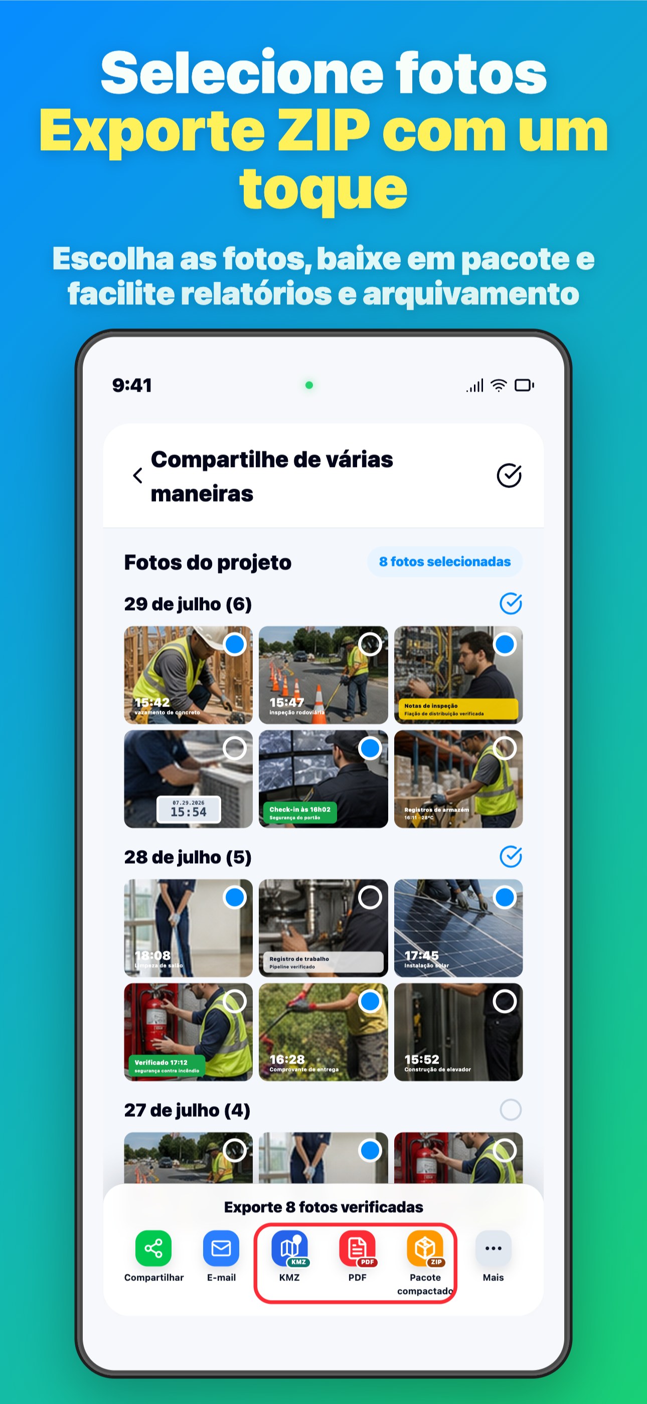 Selecione fotos Exporte ZIP com um toque