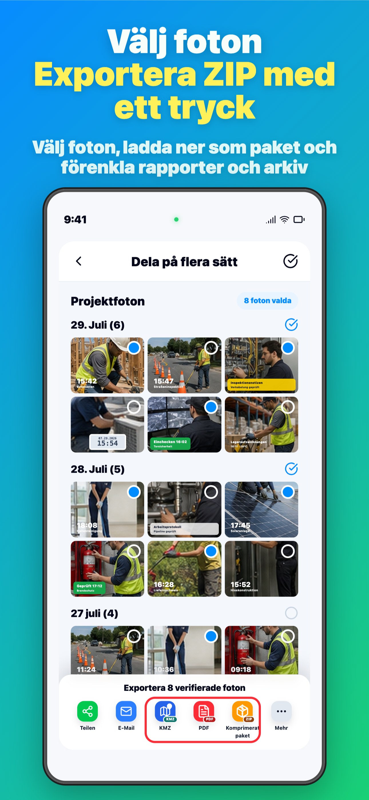 Välj foton Exportera ZIP med ett tryck